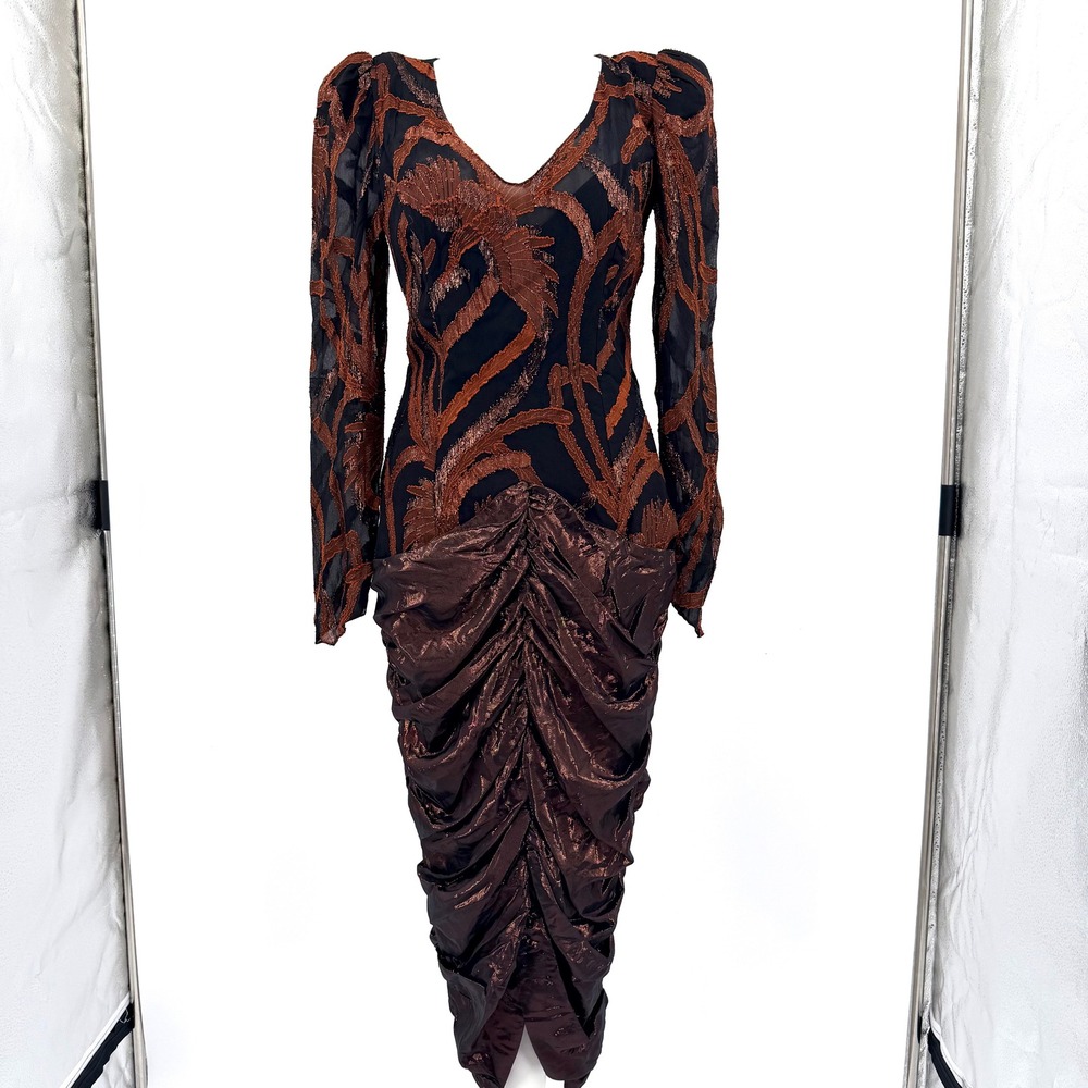 Vintage 80s Black Brown Metallic Ruched Open Back Cocktail Midi Dress Size 13/14